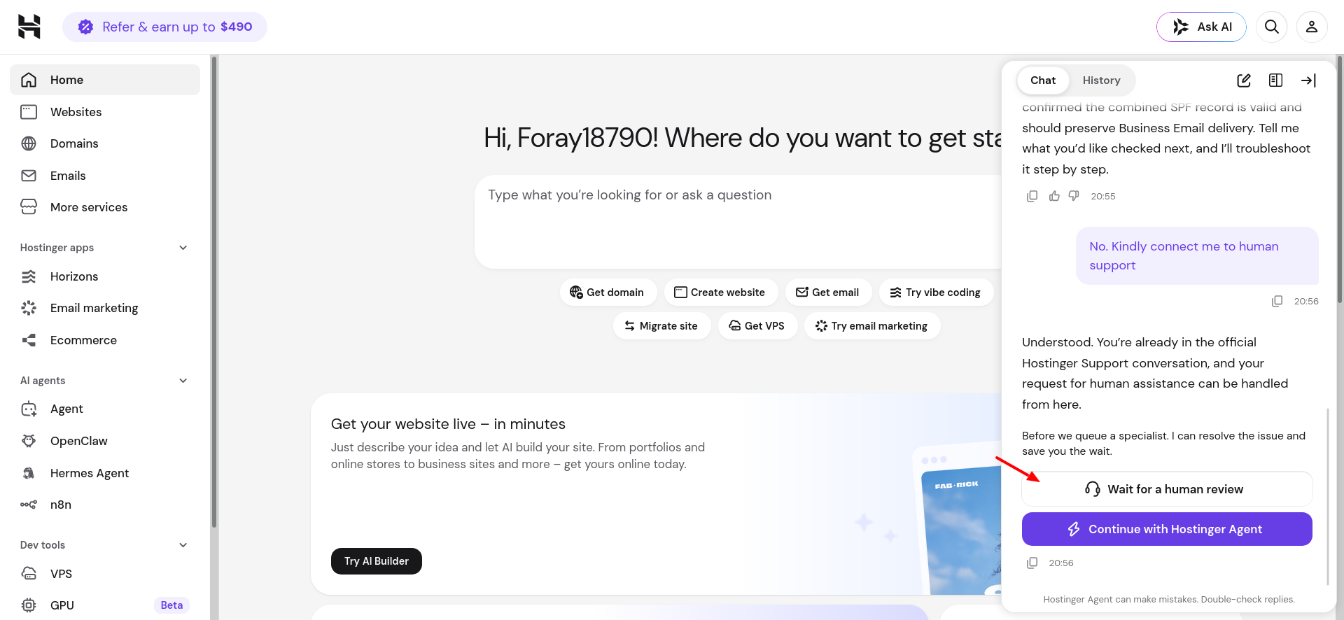Hostinger Reach handoff to human support after repeated requests