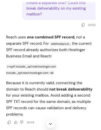 Hostinger Reach combined SPF record support confirmation