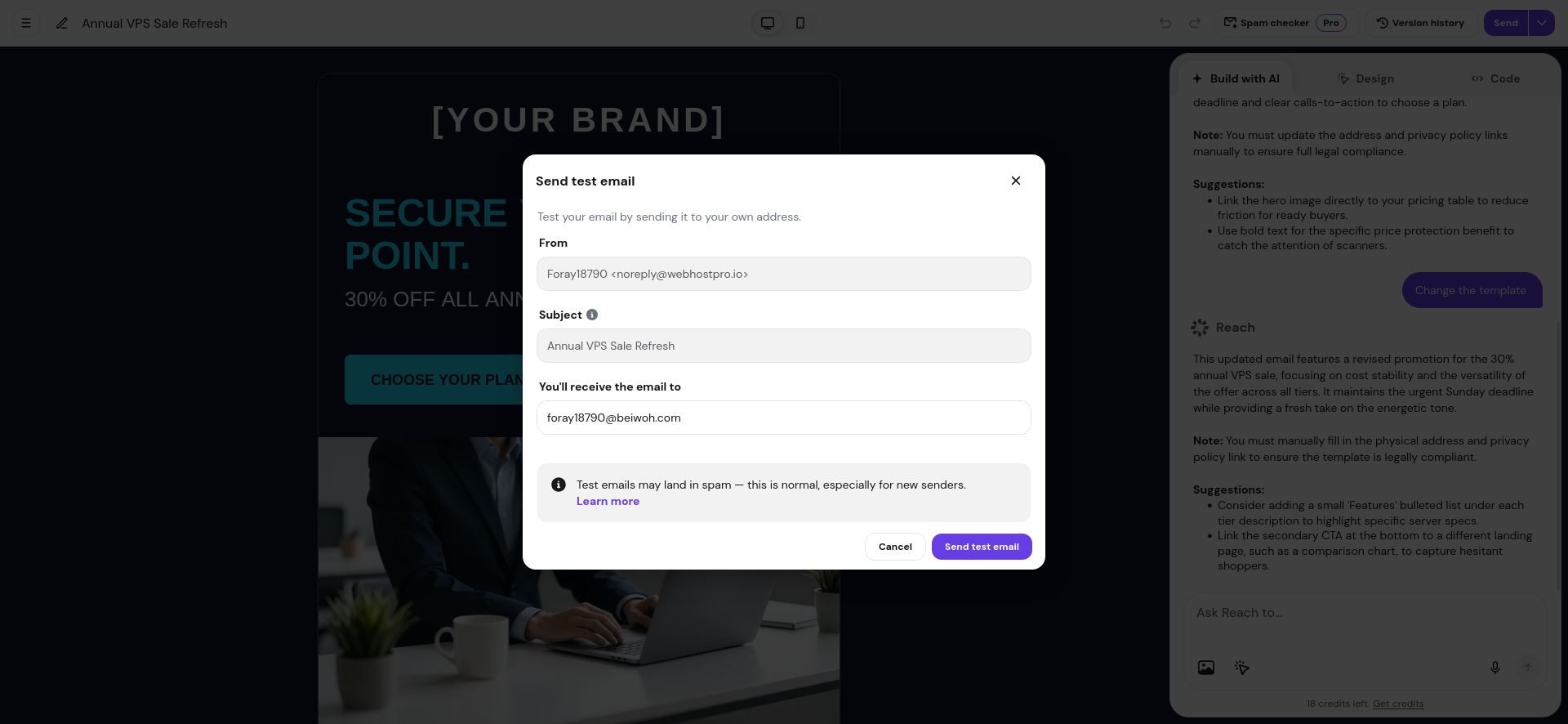 Hostinger Reach test email send option after domain verification