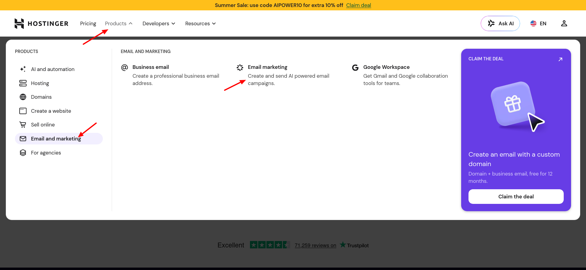 Hostinger Products menu showing Email marketing