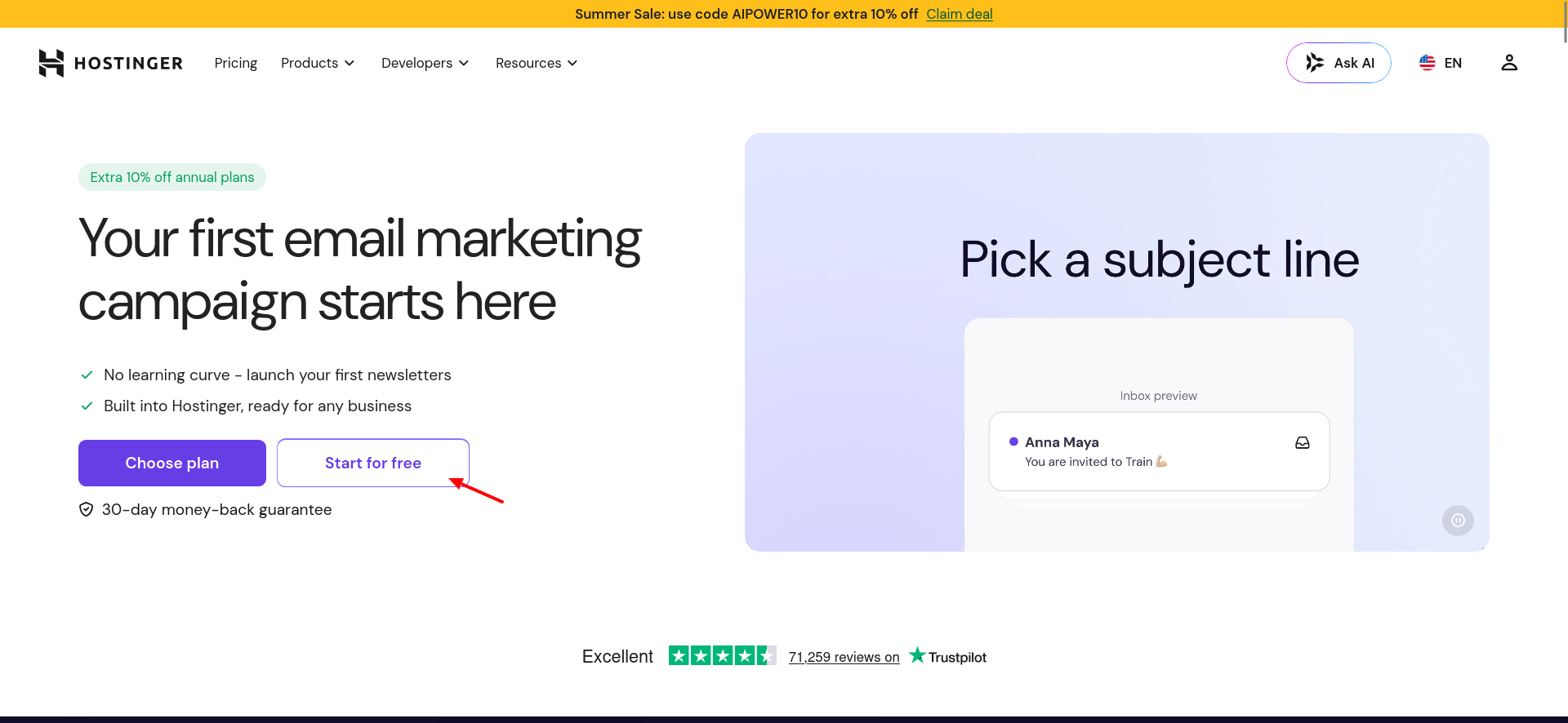 Hostinger Reach landing page with Start for free