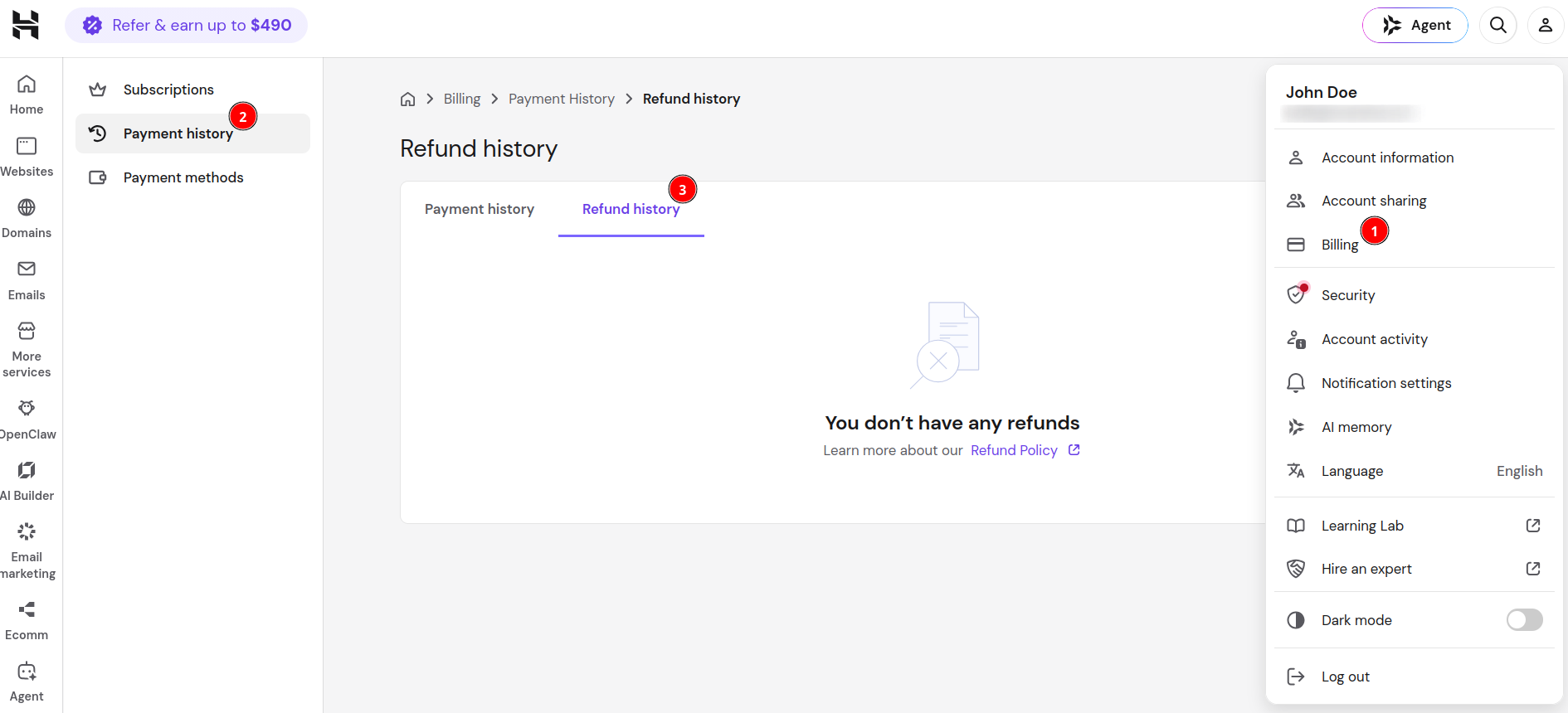 hPanel Refund History tab showing an empty state with no past refunds