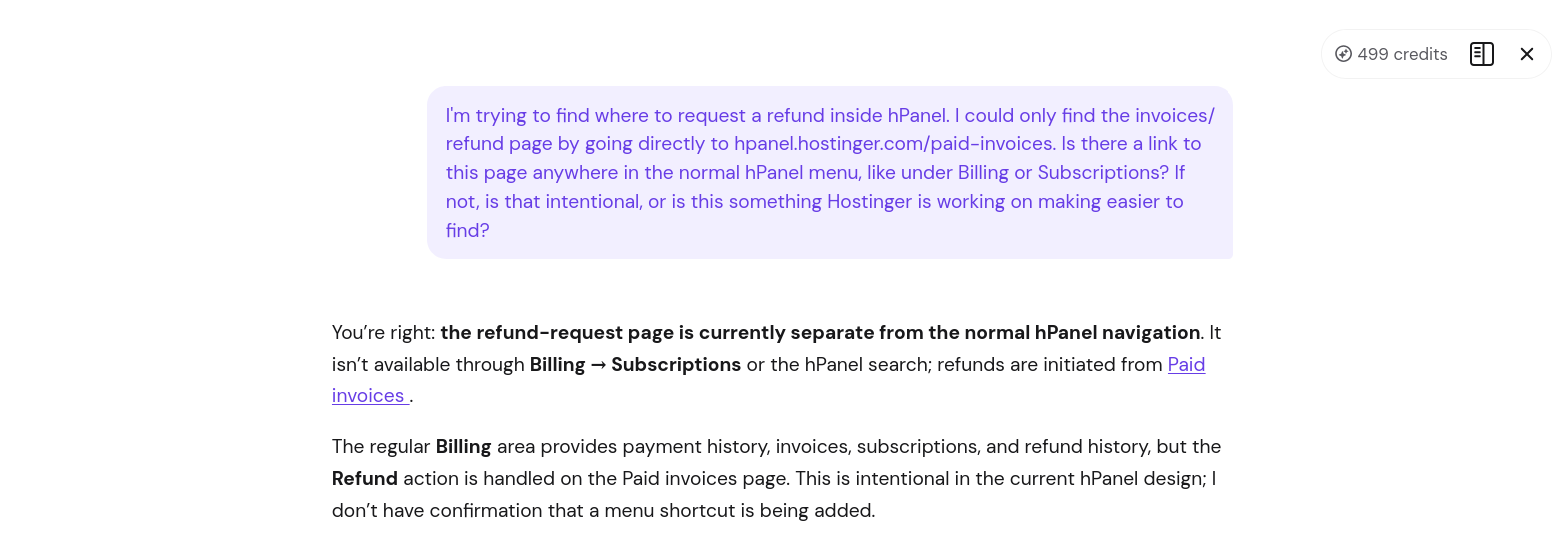 Hostinger Kodee support response explaining refund page access in hPanel