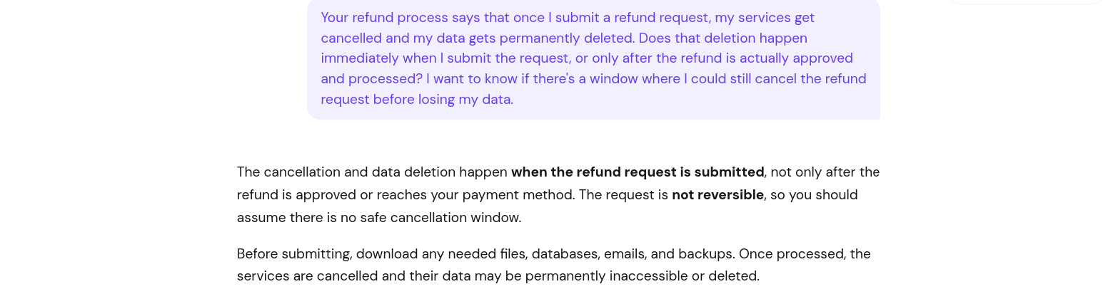 Hostinger Kodee support response confirming cancellation and data deletion after refund submission