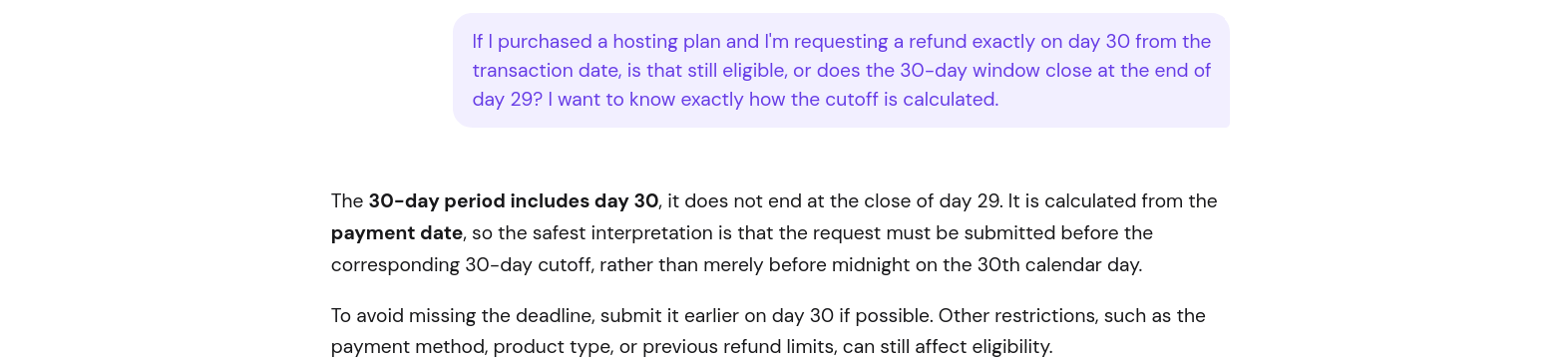 Hostinger Kodee support response confirming day 30 is included in the refund window