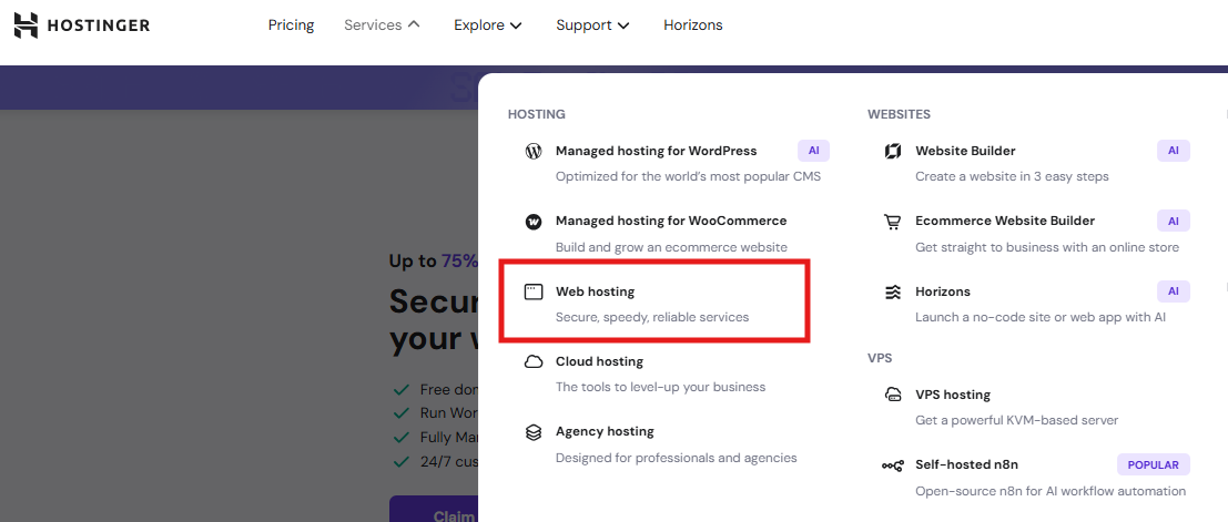 Hostinger Services menu showing the Web Hosting option for redeeming an SSL coupon