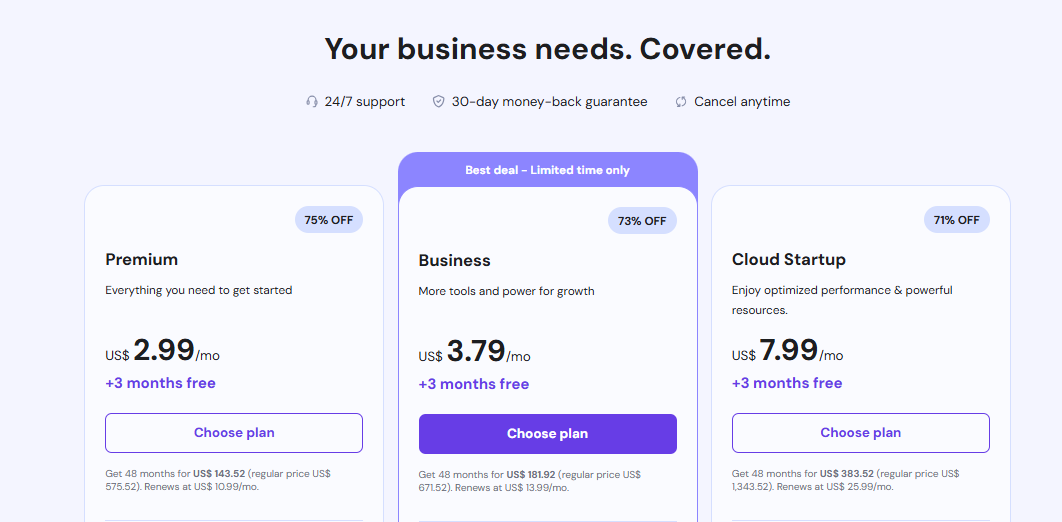 Hostinger web hosting plans showing the Choose Plan button