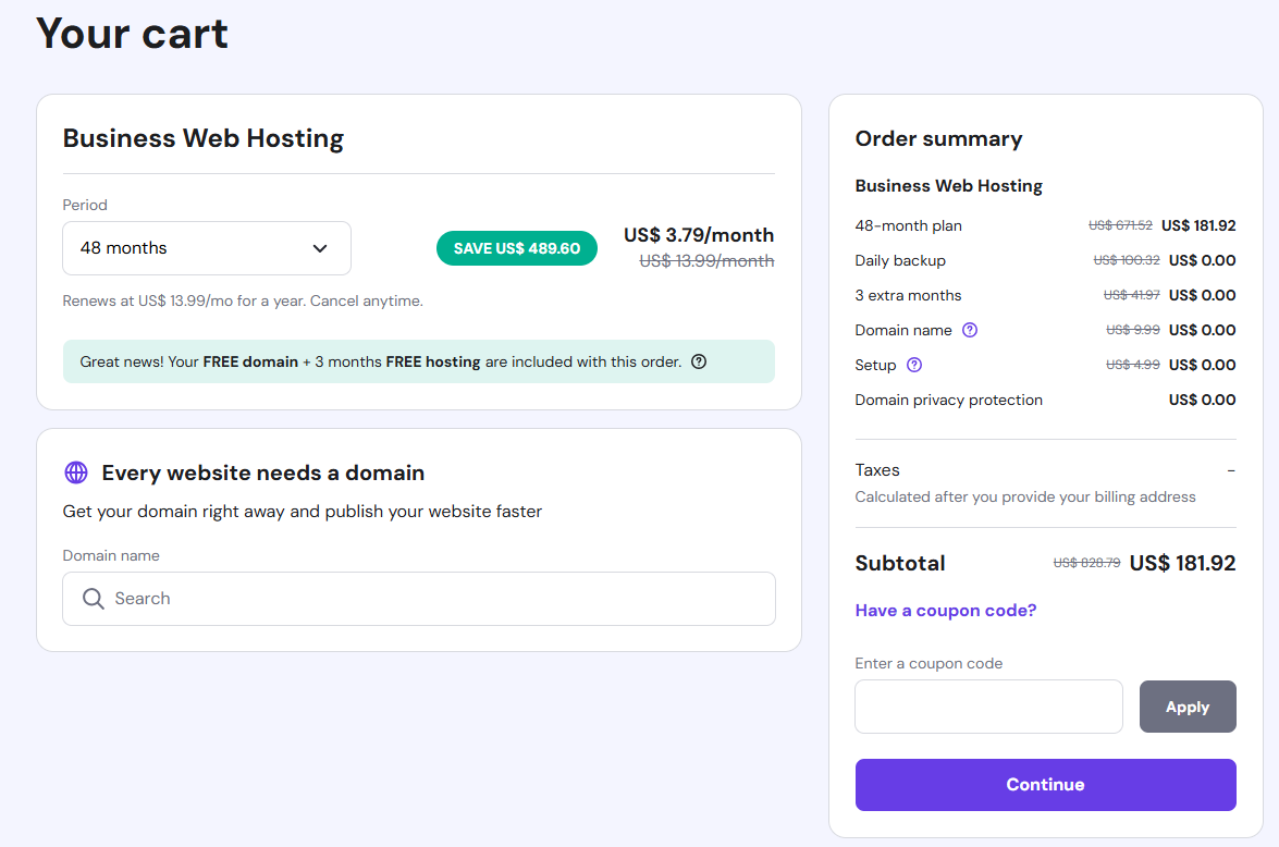 Hostinger checkout showing the billing period and Promo Code box
