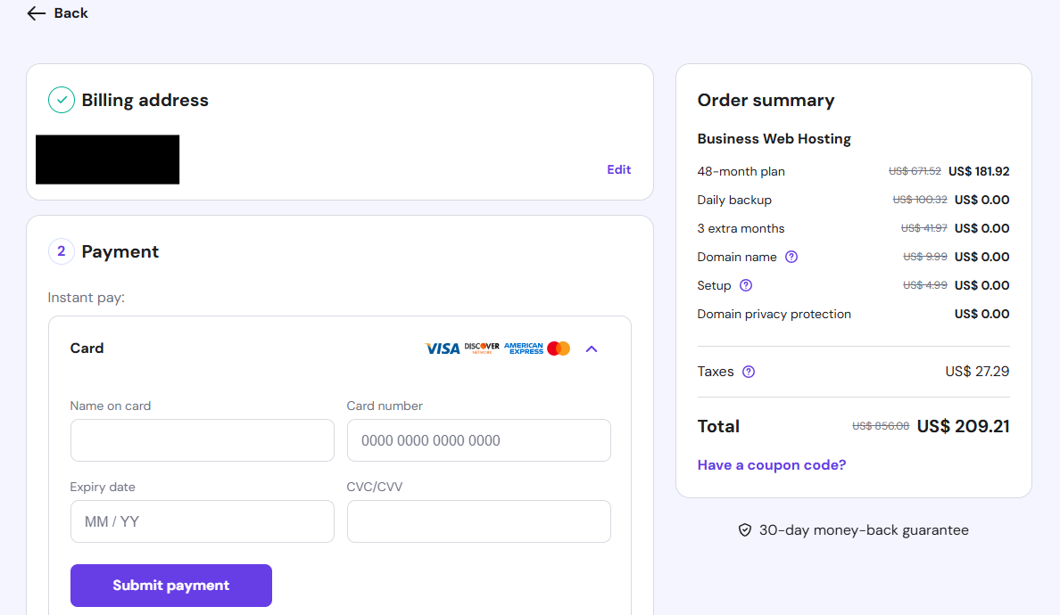 Hostinger final checkout page showing payment methods and Submit Payment button