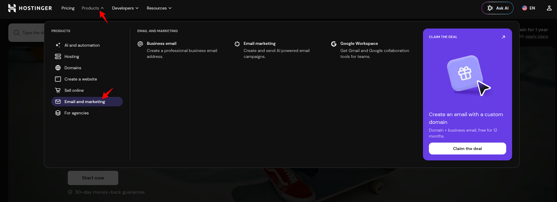Hostinger main website Products menu showing Business Email, Email Marketing, and Google Workspace with no Titan Email listed