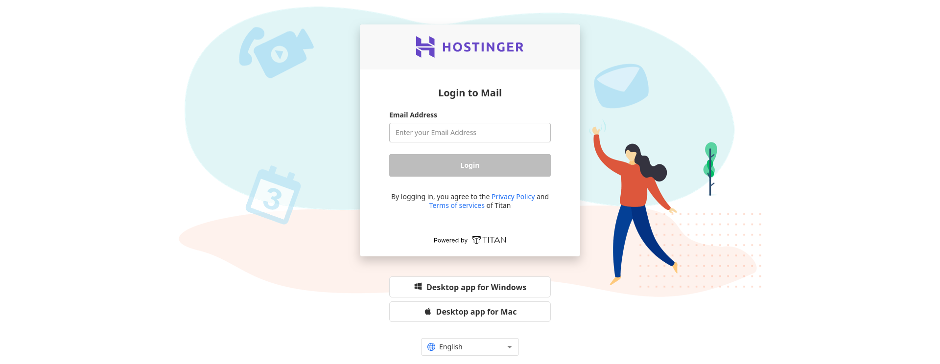 Titan webmail login page showing the Hostinger logo alongside Powered by Titan branding