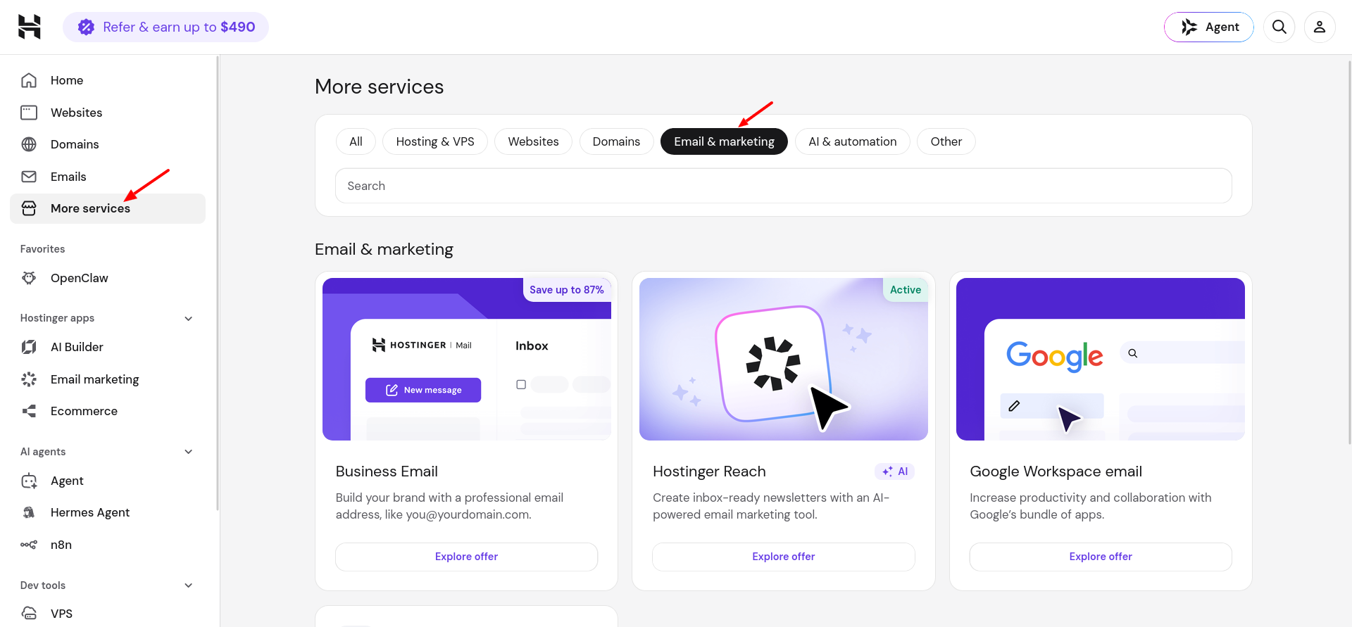 hPanel More Services page with the Email and Marketing filter selected