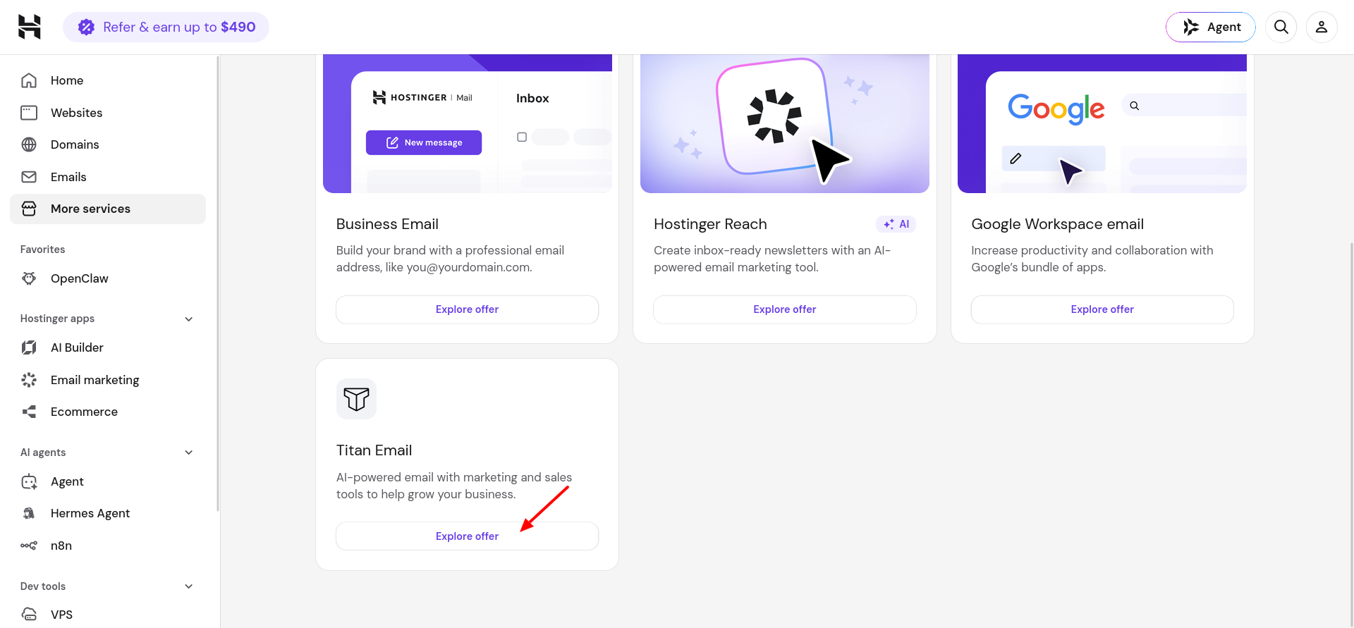 Titan Email card in the Email and Marketing section with an Explore Offer button