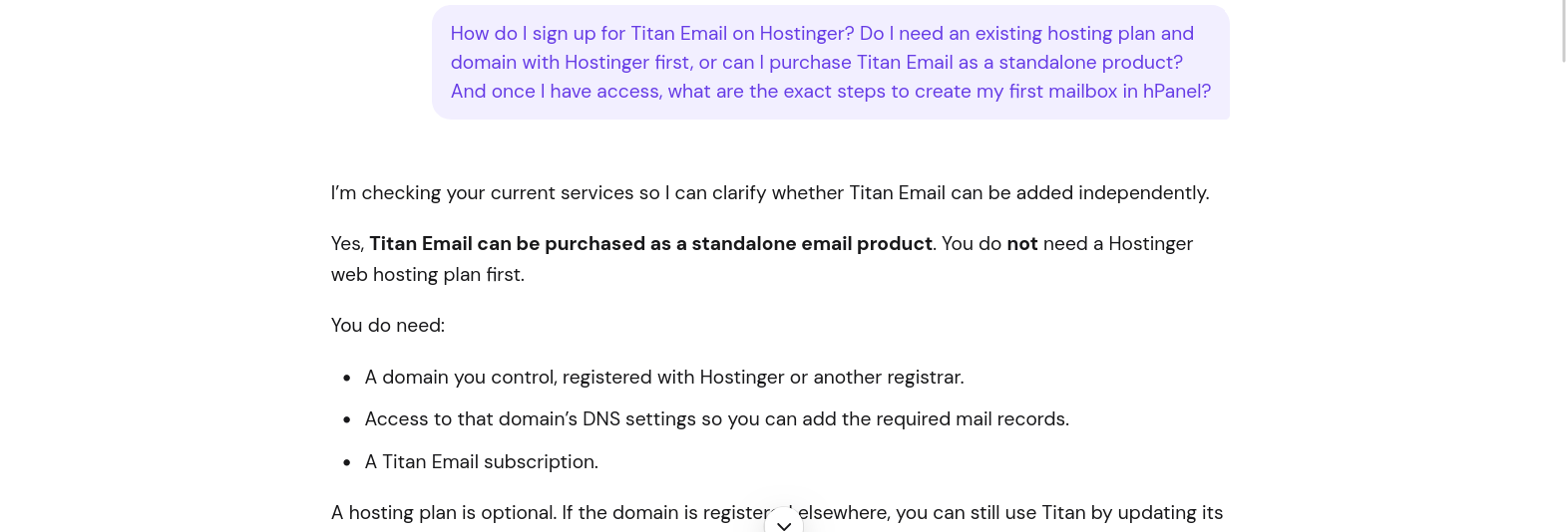 Hostinger support confirming Titan Email can be purchased as a standalone product without a hosting plan