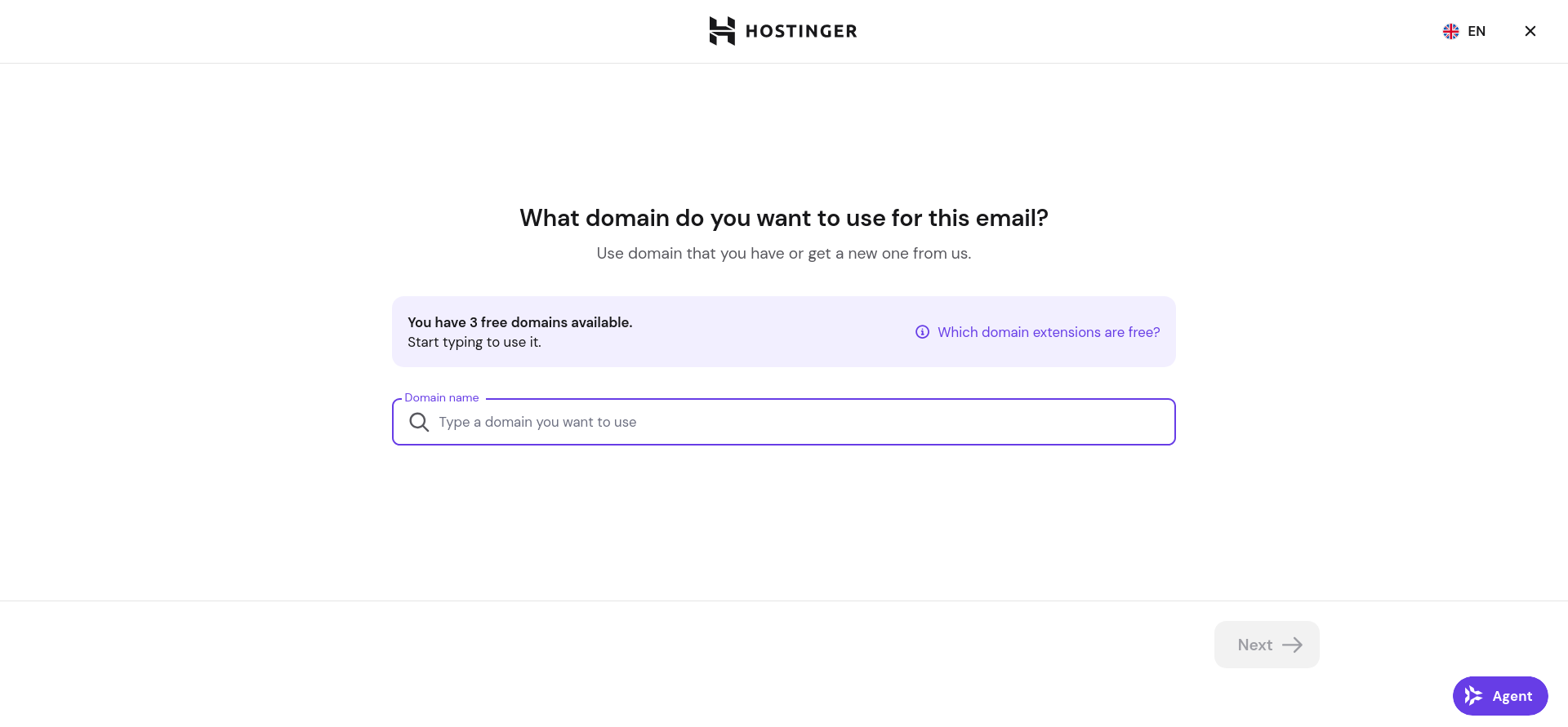 Titan Email domain selection screen asking which domain to use for the new email