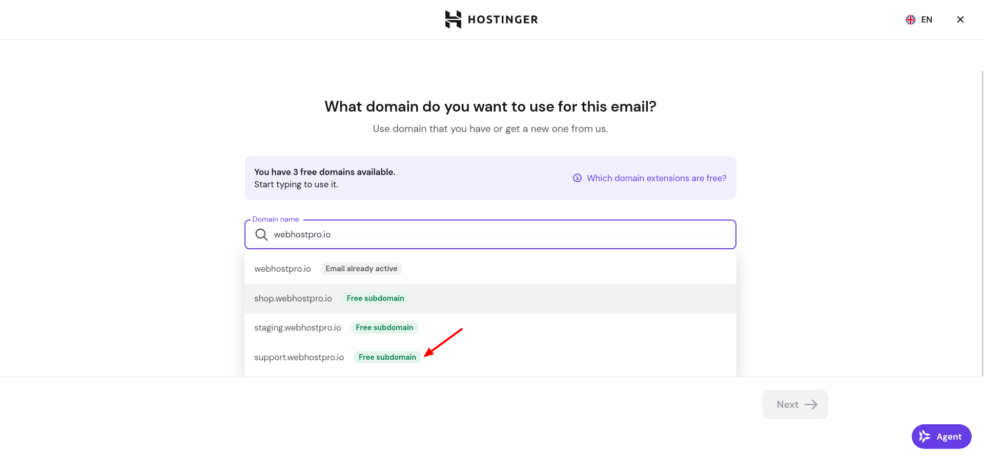 Titan Email domain selection dropdown showing a domain already active alongside free subdomain options