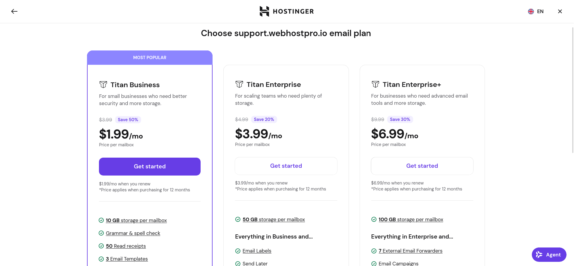 Titan Email plan comparison showing Titan Business, Titan Enterprise, and Titan Enterprise Plus pricing and features