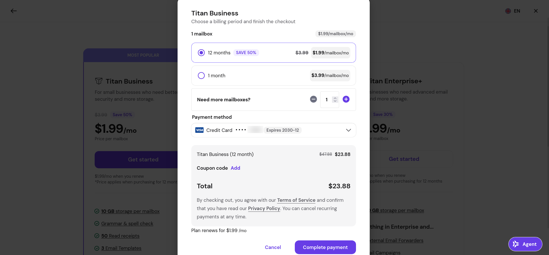 Titan Email checkout modal showing billing period options, mailbox quantity selector, and payment method
