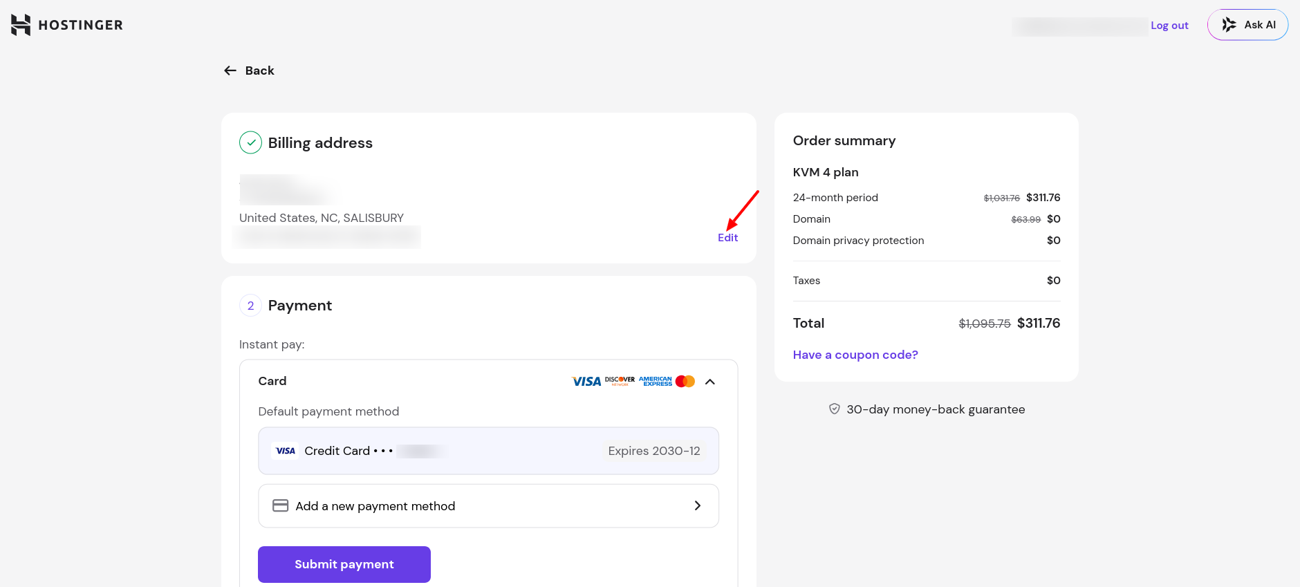 Hostinger Ubuntu VPS checkout payment methods
