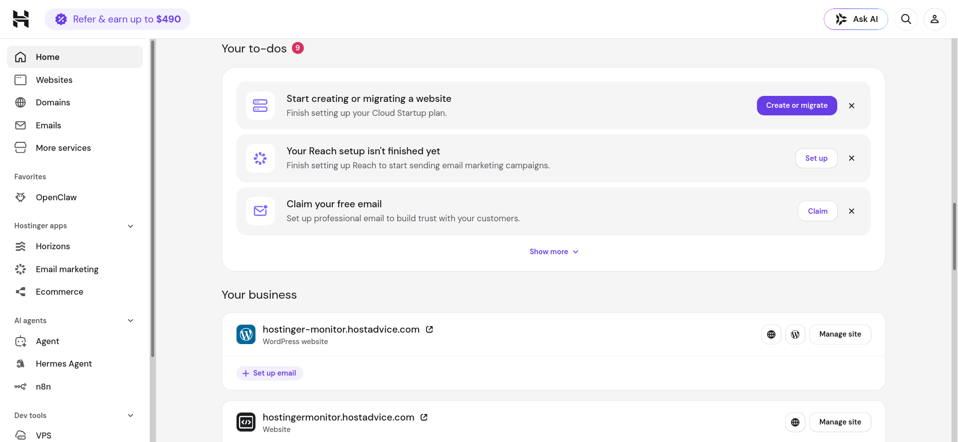 Hostinger hPanel Your to-dos section