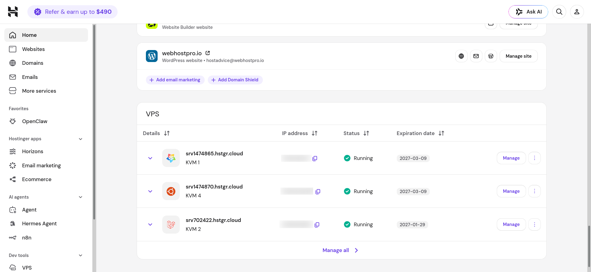 Hostinger hPanel VPS server table showing server hostname IP status and expiration