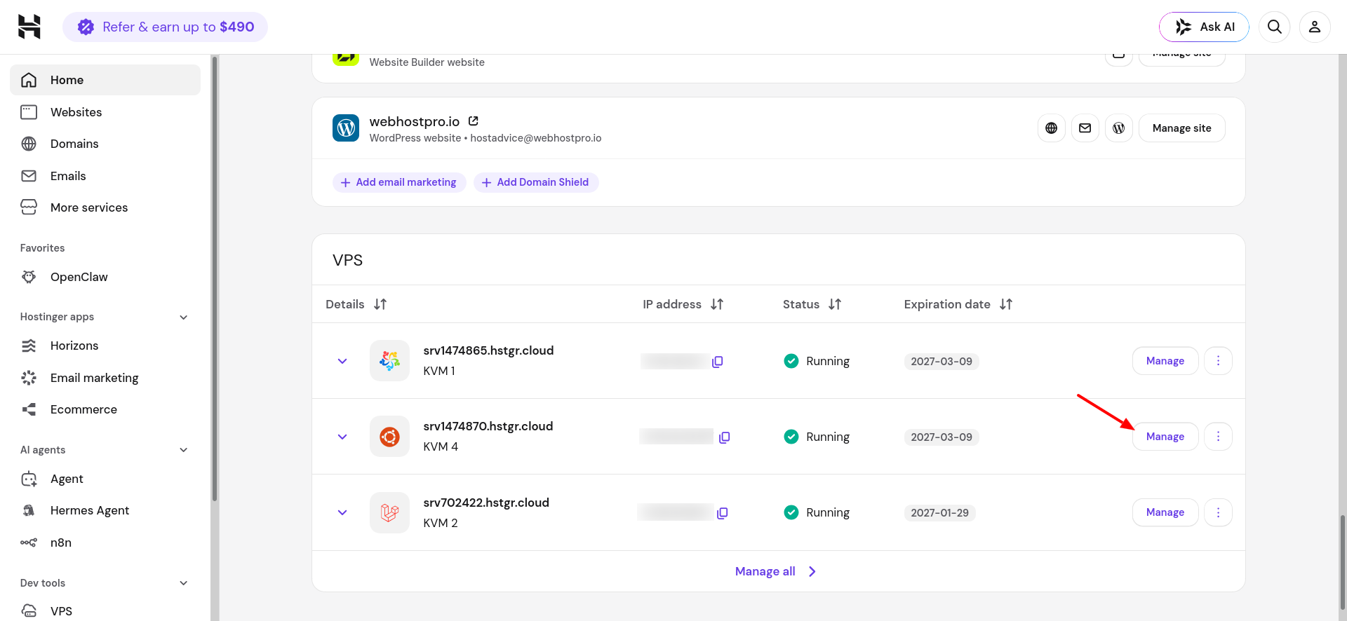 Hostinger Ubuntu VPS Overview page in hPanel