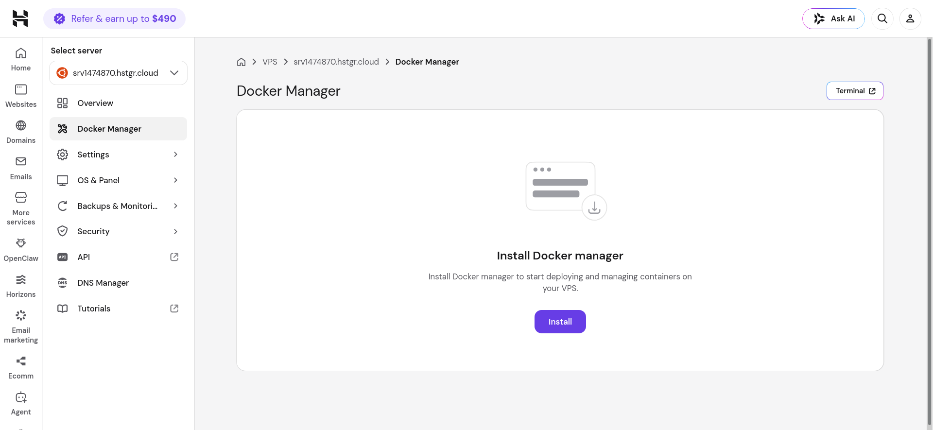 Hostinger Ubuntu VPS Docker Manager installation screen