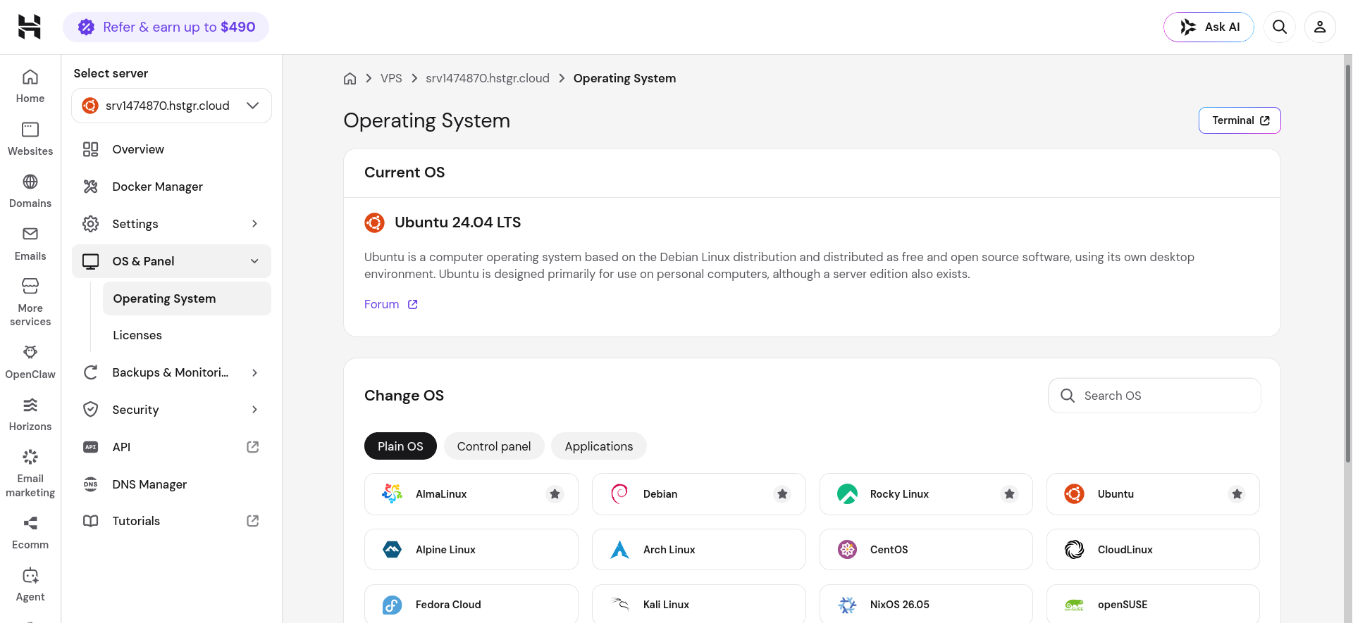 Hostinger Ubuntu VPS OS and Panel operating system reinstall options