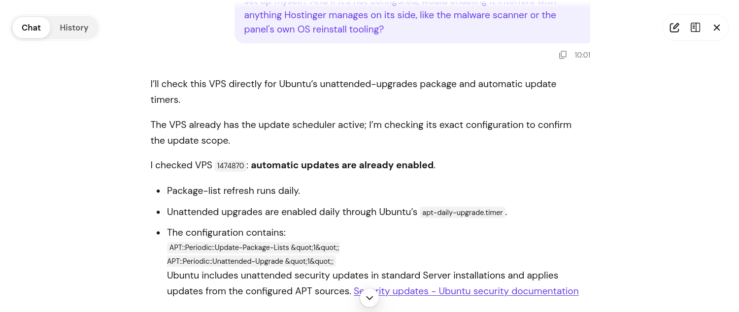 Hostinger Kodee AI support checking Ubuntu automatic security update configuration