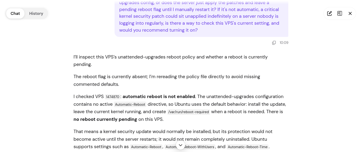 Hostinger Kodee AI support checking Ubuntu automatic reboot configuration