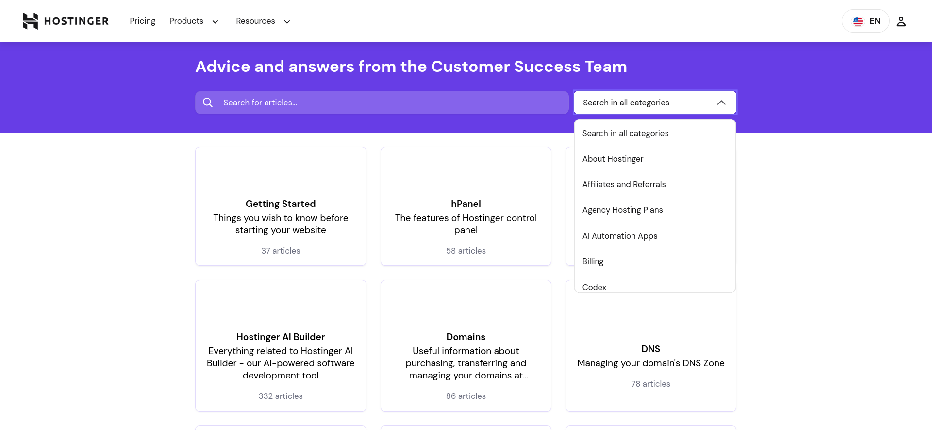 Hostinger Knowledge Base category page