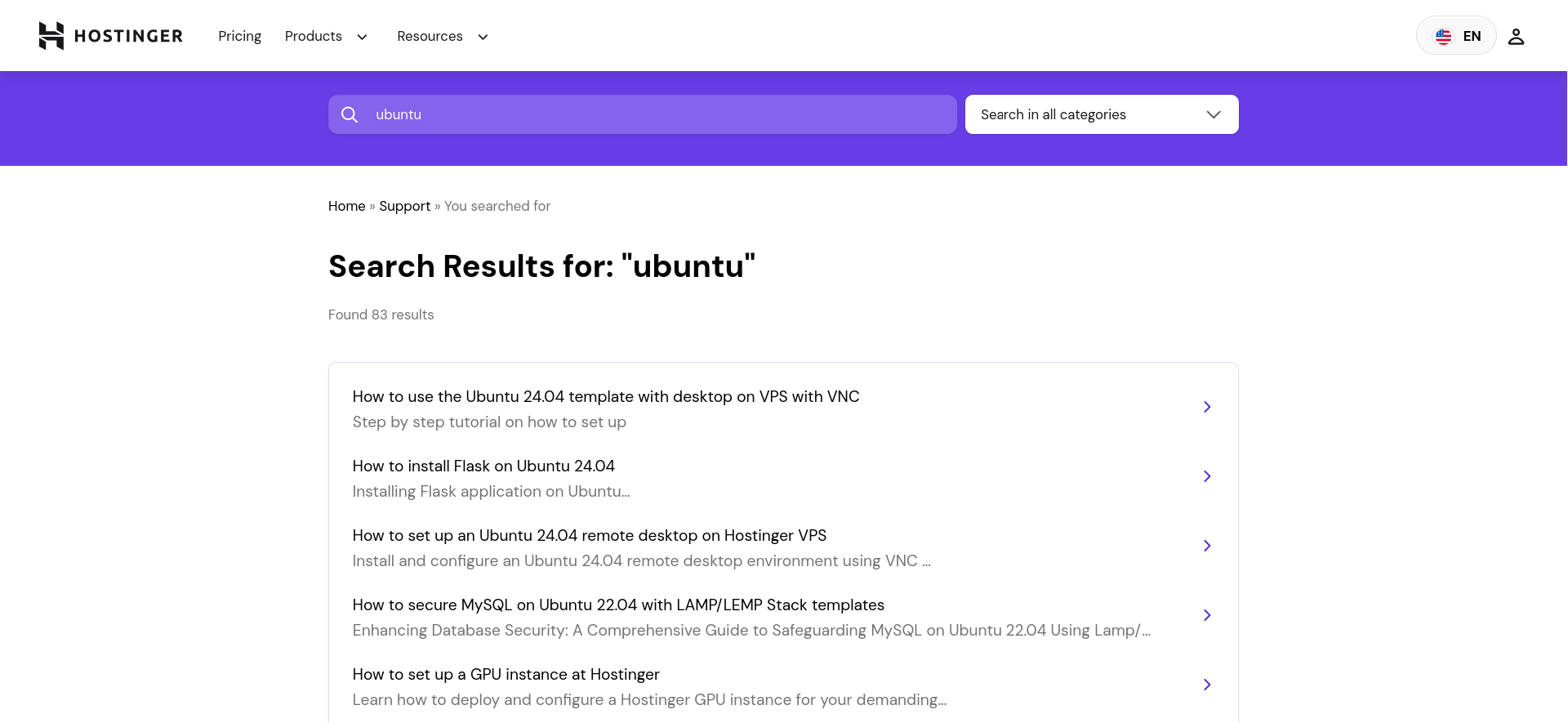 Hostinger Knowledge Base Ubuntu search results