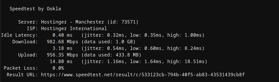 Hostinger Ubuntu VPS first network speed test results