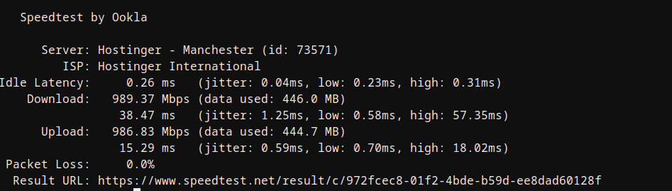 Hostinger Ubuntu VPS second network speed test results