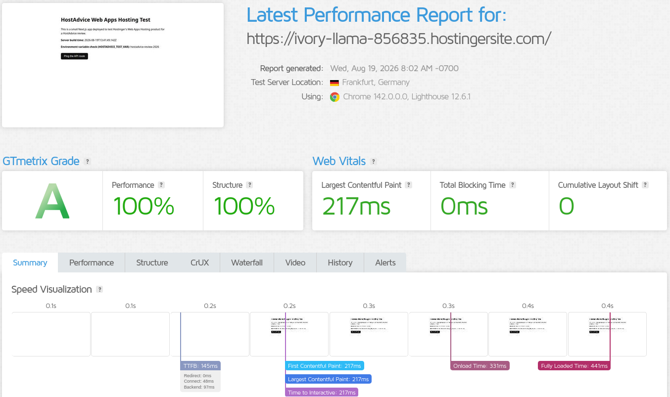 GTmetrix performance report for ivory-llama-856835.hostingersite.com tested from Frankfurt, Germany, showing a 100% Performance score, 100% Structure score, and Largest Contentful Paint of 217ms.