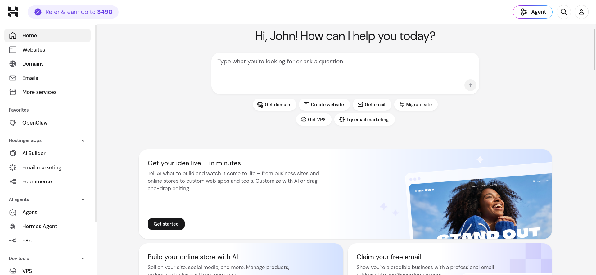 Hostinger hPanel Home dashboard with AI prompt bar and account shortcuts