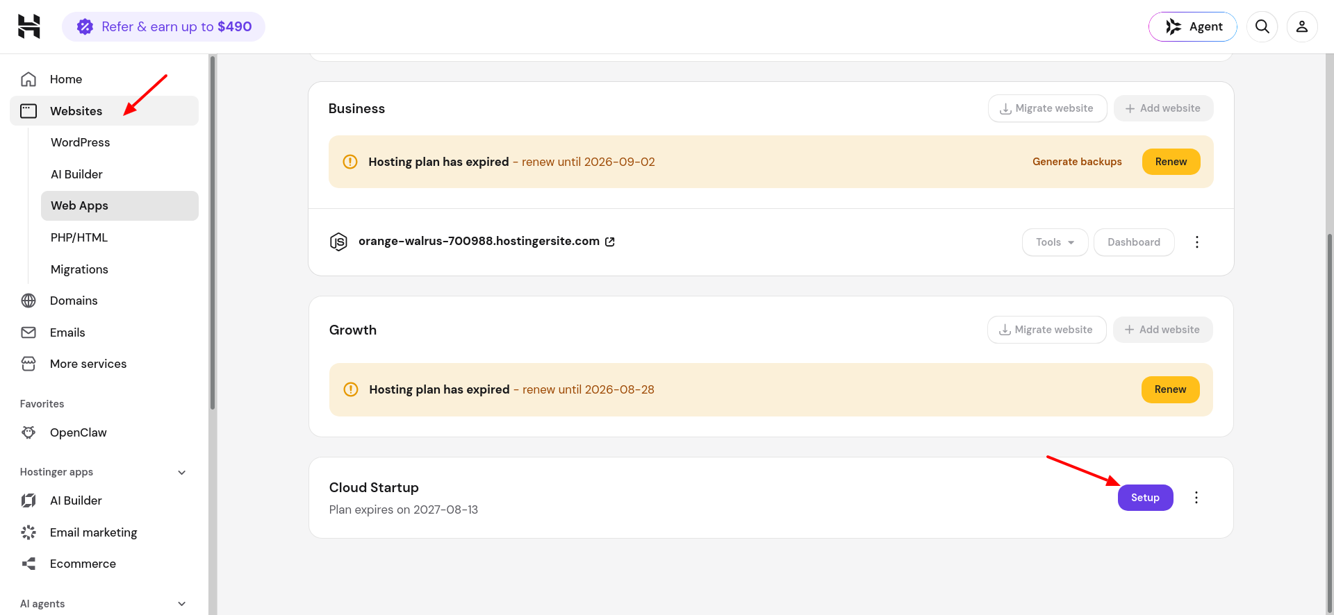 Hostinger hPanel Websites menu with Web Apps option
