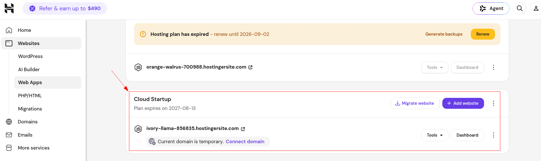 Hostinger Web Apps plan cards showing existing apps and setup actions