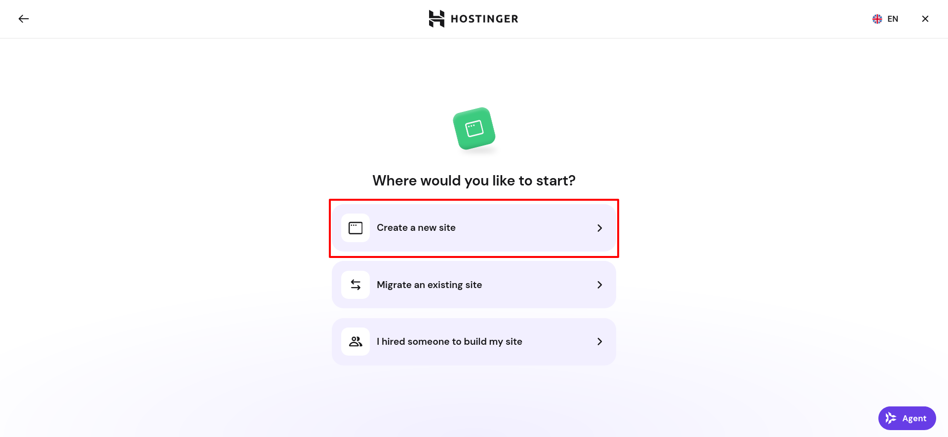 Hostinger Web Apps onboarding screen asking where to start