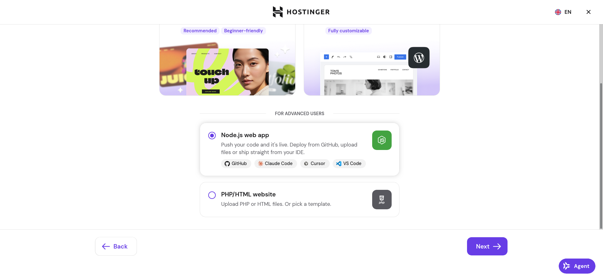 Hostinger Node.js web app option selected in setup wizard