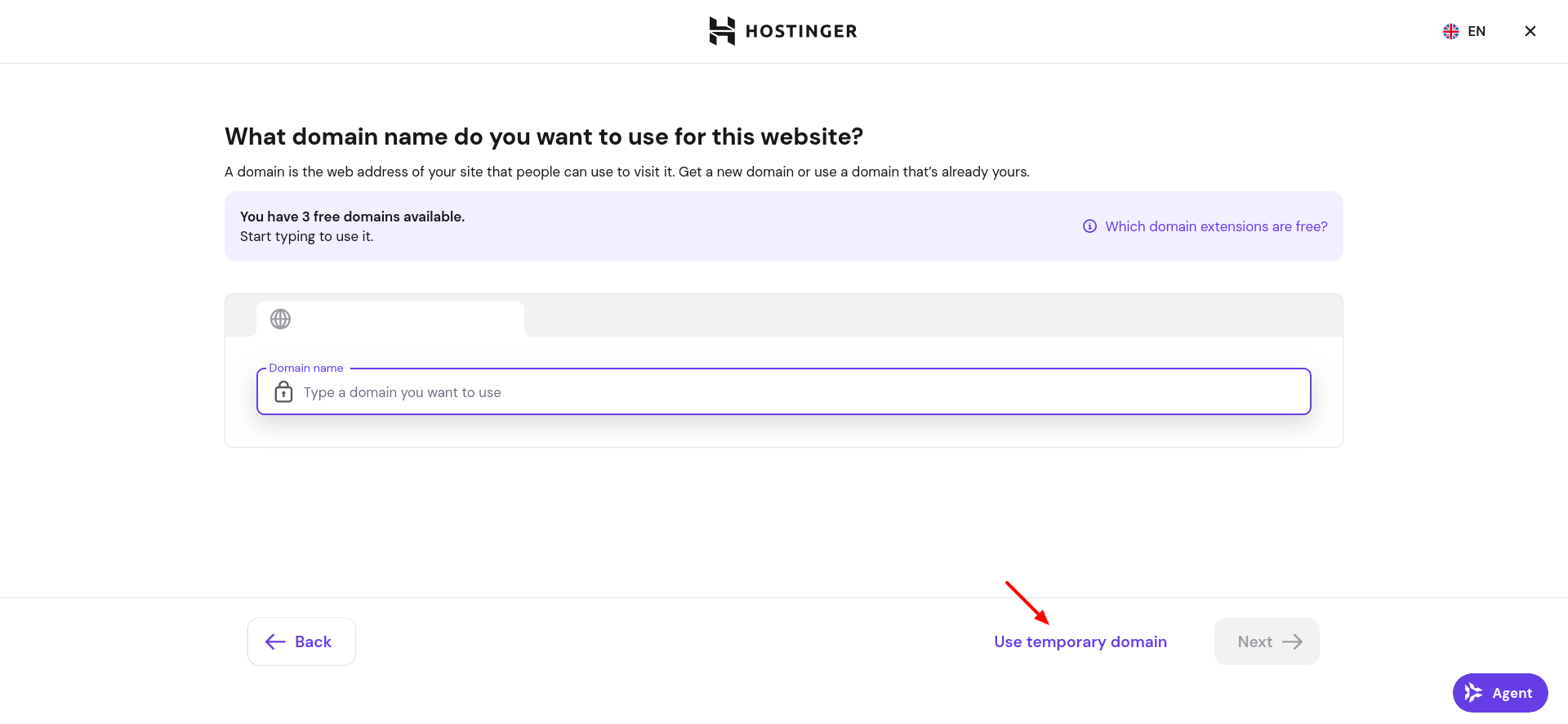 Hostinger domain selection screen with temporary domain option