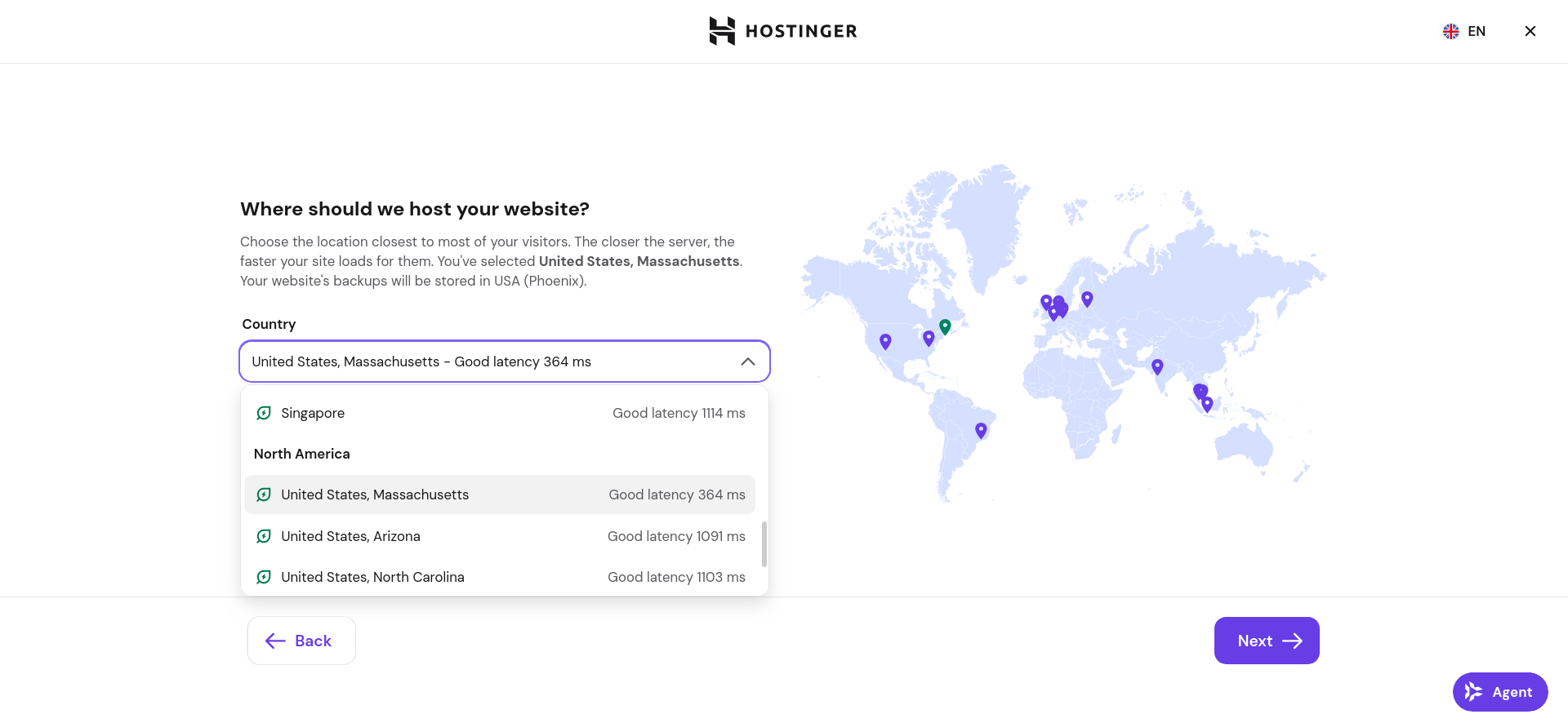 Hostinger server location selection screen for Web Apps Hosting