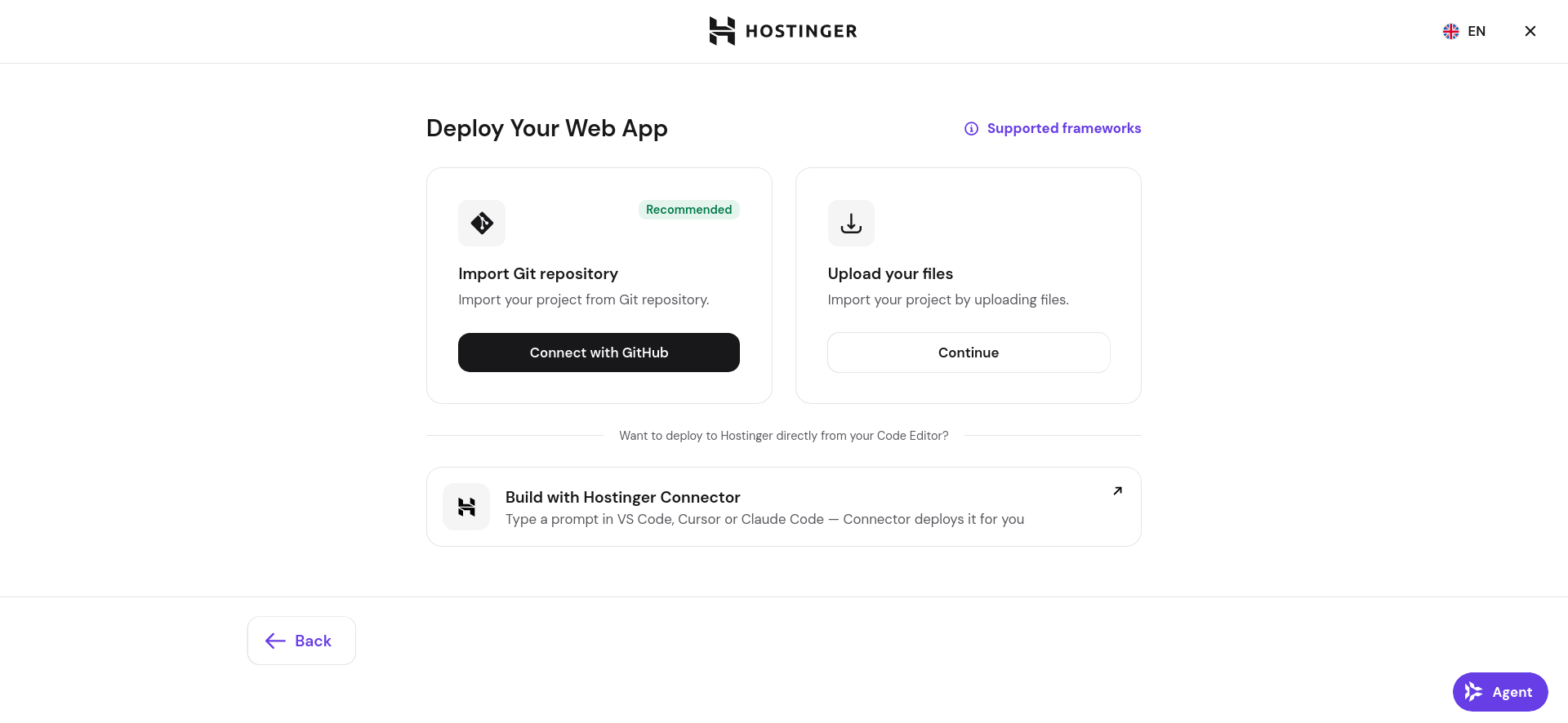 Hostinger Web Apps deployment method screen with GitHub and file upload options
