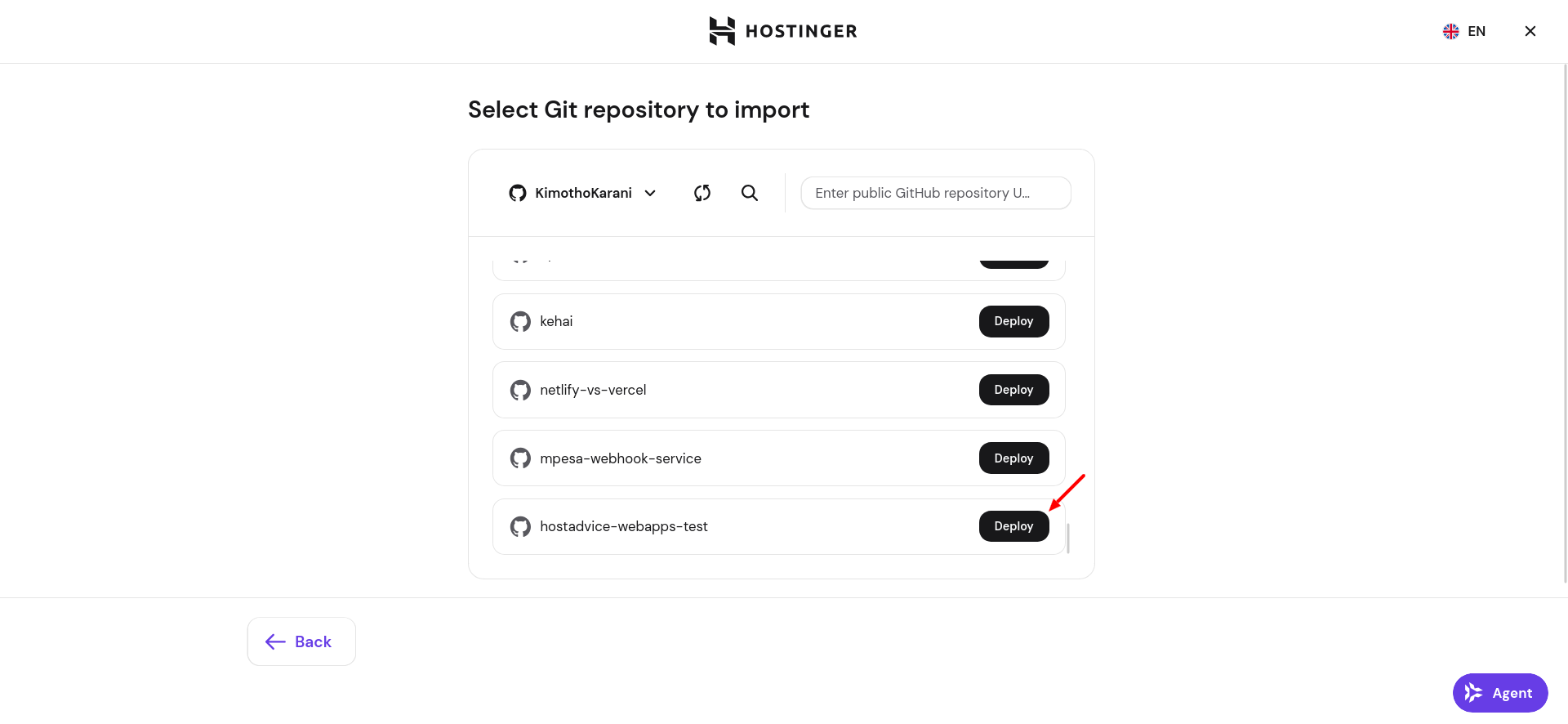 Hostinger GitHub repository selection screen for Web Apps deployment