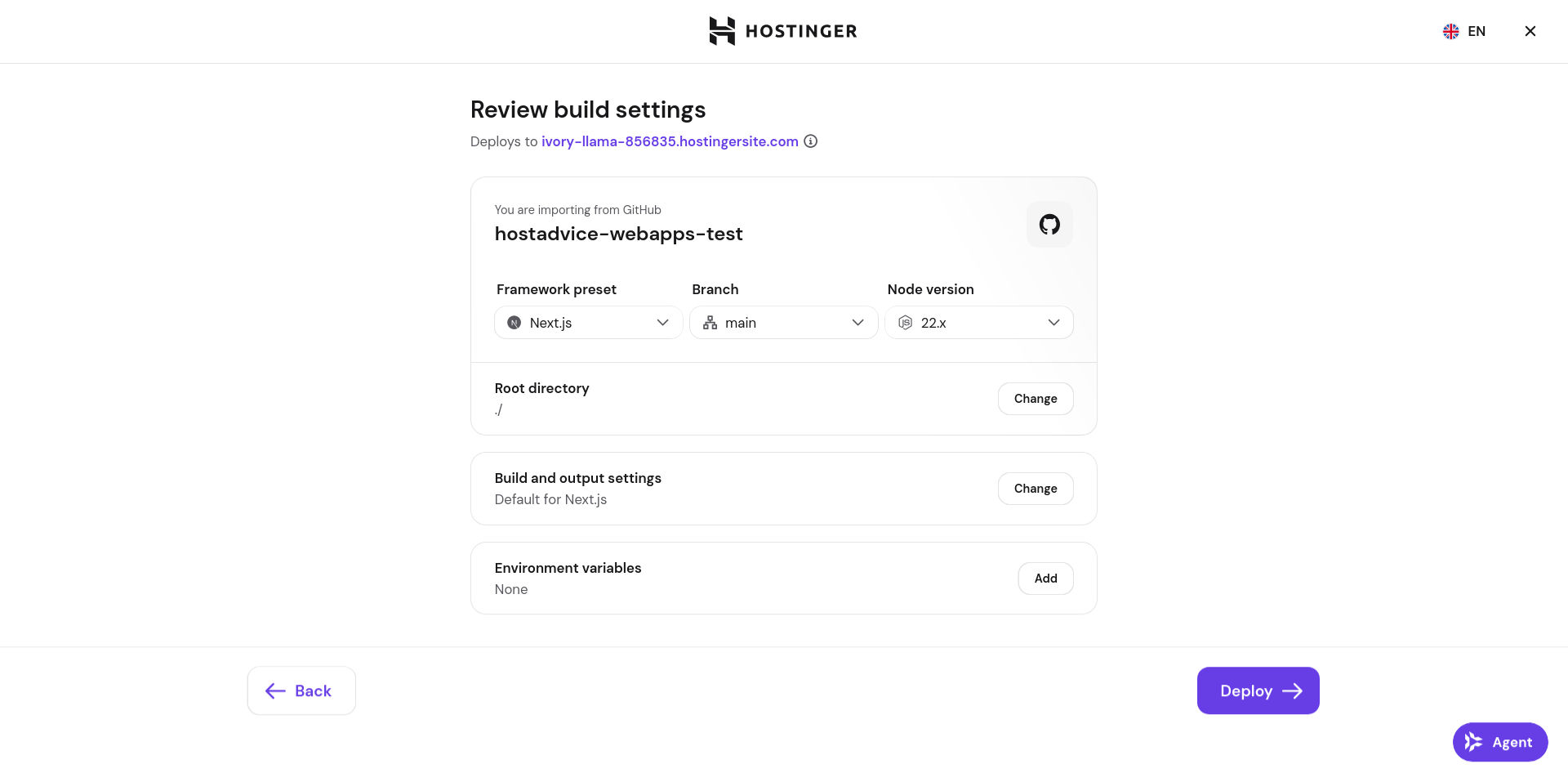 Hostinger Web Apps Review build settings with Next.js and Node.js auto-detected