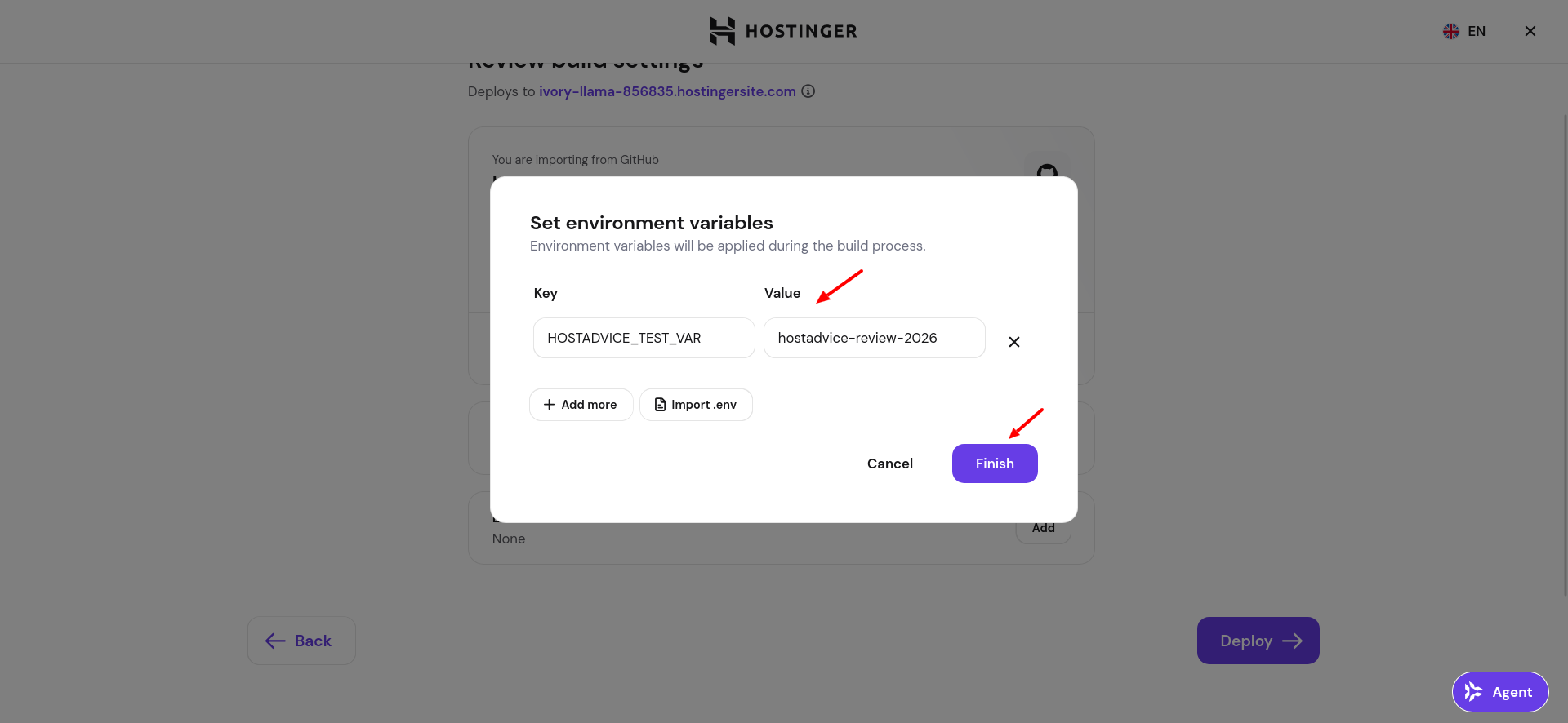 Hostinger Web Apps environment variable configuration during deployment