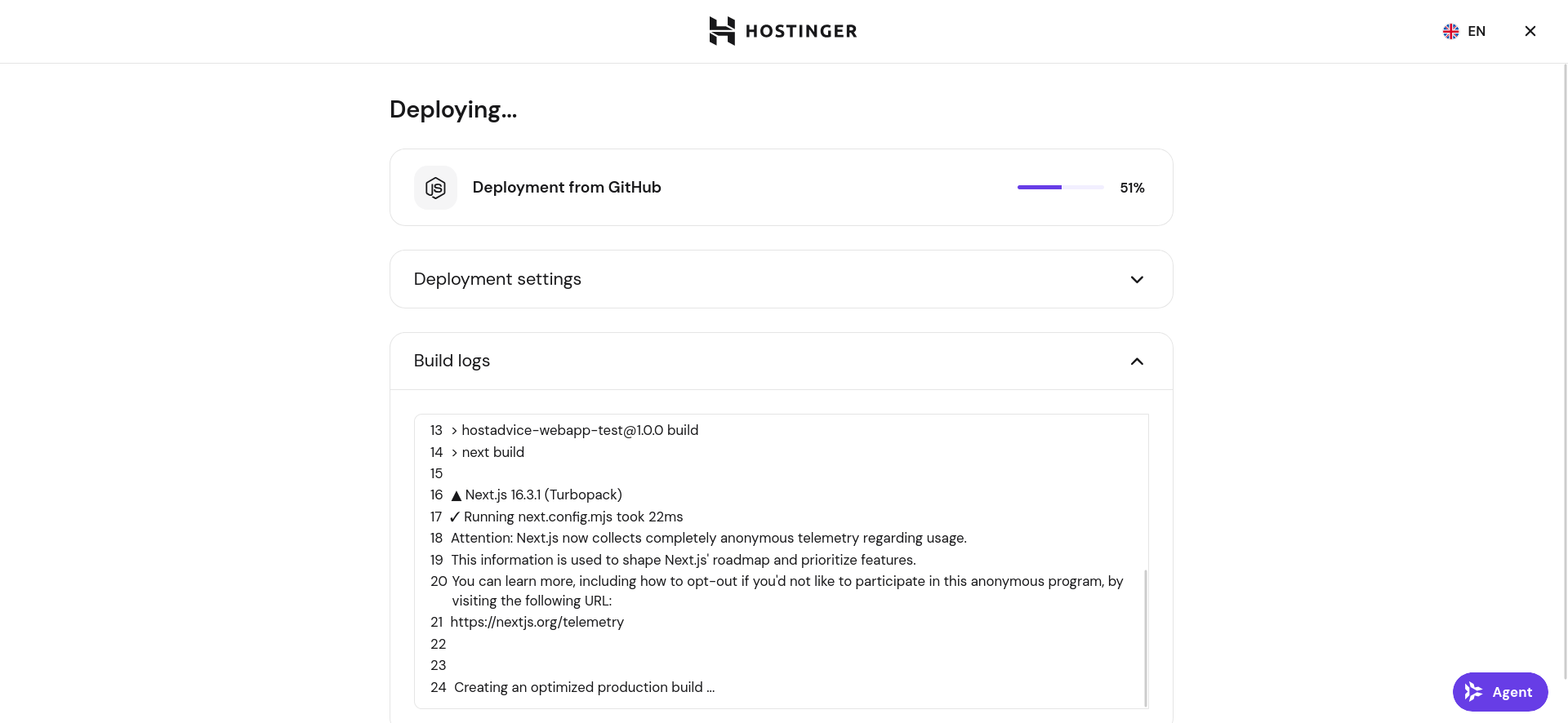 Hostinger Web Apps live deployment progress and build logs