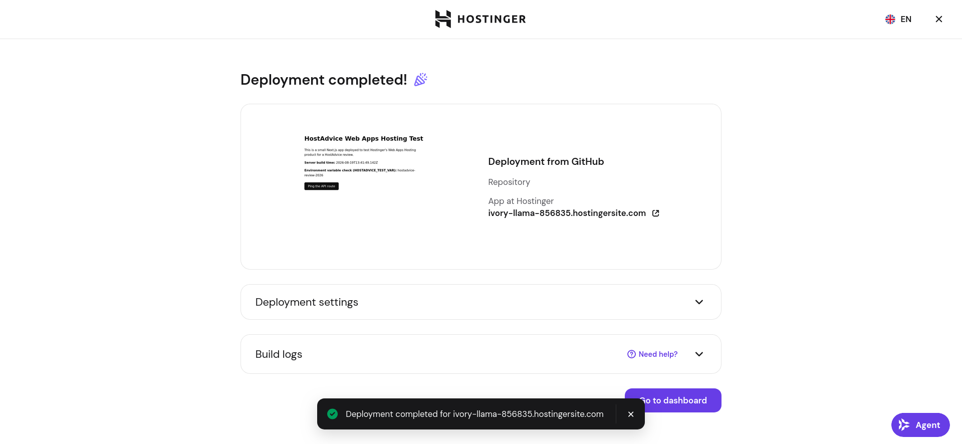 Hostinger Web Apps Deployment completed screen with live app preview