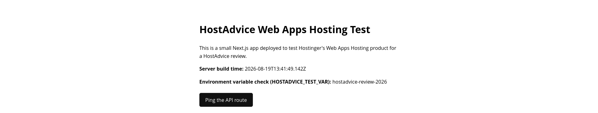 Live Hostinger Web App showing server build time and environment variable check