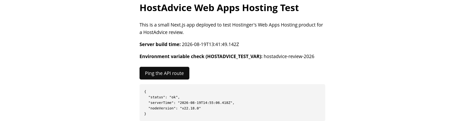 Hostinger Web App API route response confirming live Node.js server